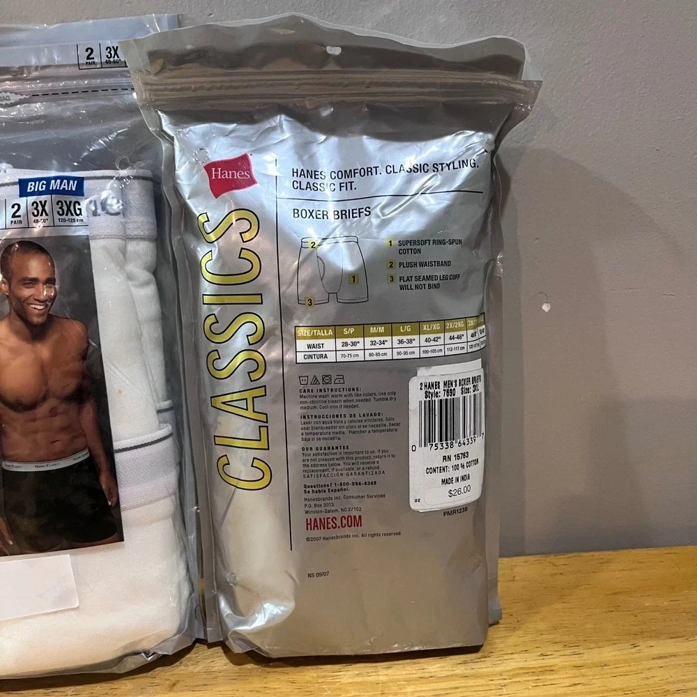 Hanes Classics Big Man‎ Boxer Briefs 2pk 3XL White 100% Cotton Vtg 2007 2 Packs